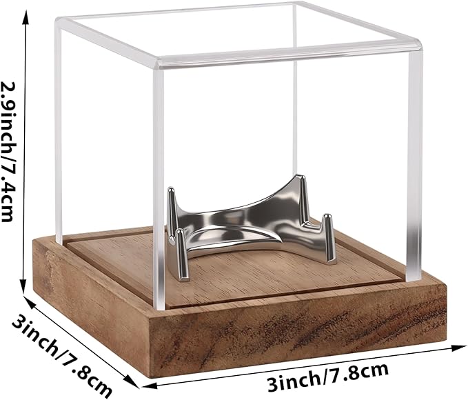 Clear Acrylic Coin Display Case with Wood Base & Alloy Holder, Memorabilia Stand Cube Holder, Dust Protection Transparent Storage Box for Single Challenge Coin Souvenir Coin Collections