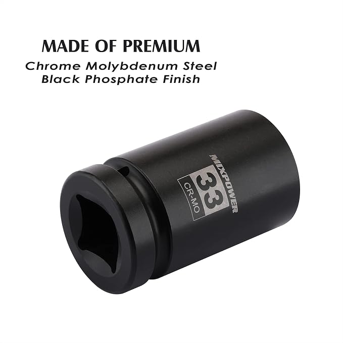 MIXPOWER 2 Pieces 1 Inch Drive Deep Impact Socket, CR-MO, 33mm, 6 Point, Radius Corner Design, Axle Nut Impact Grade Socket for Easy Removal, 2PCS Set