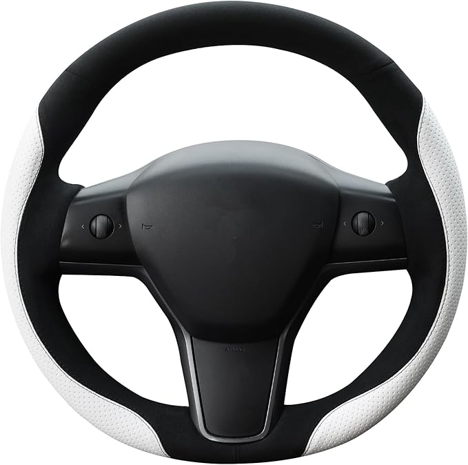MEWANT Hand Stitch Steering Wheel Cover for Tesla Model 3 2017-2023 Model Y 2020-2023 Black Athsuede White Microfiber Leather Custom Fit DIY Wrap Interior Accessories