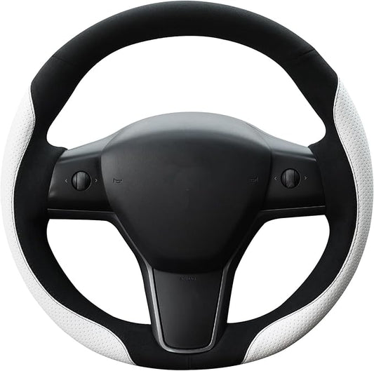 MEWANT Hand Stitch Steering Wheel Cover for Tesla Model 3 2017-2023 Model Y 2020-2023 Black Athsuede White Microfiber Leather Custom Fit DIY Wrap Interior Accessories