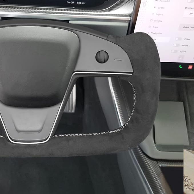 MEWANT Hand Stitch Dark Gray 9002 Athsuede Steering Wheel Cover Wrap for Tesla Model S Yoke 2021-2023 Model X 2021-2023