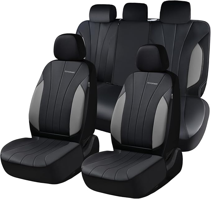 Coverado Car Seat Covers Full Set, 5 Seats Waterproof Nappa Leather Automotive Seat Protectors, Front & Rear Luxury Mesh Seat Covers,All-Weather Universal Fit for Most Cars SUVs, Trucks,Black&Grey