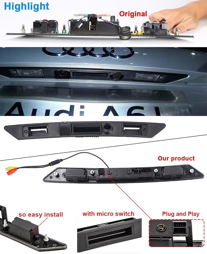 Vehicle HD Car Rear View Camera Trunk Handle with Night Vision Backup Parking Camera Replacement for Audi A4 S4 RS4 Quattro 8E2 B6 8EC B7 B8 8K2 A4 Avant 8E 8E5 B6 1.6 1.8T 1.9TDI 2.5TDI(No.LS8001D)