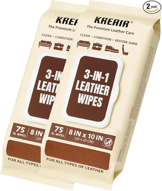 3in1 Leather Wipes 150 XL Count, Clean, Condition & Restore Shine, Extra-Large 8"x10" Wipes for Car Seats, Shoes, Furniture & Bags, Thick, Durable, Non-Linting, Safe for All Leather Types