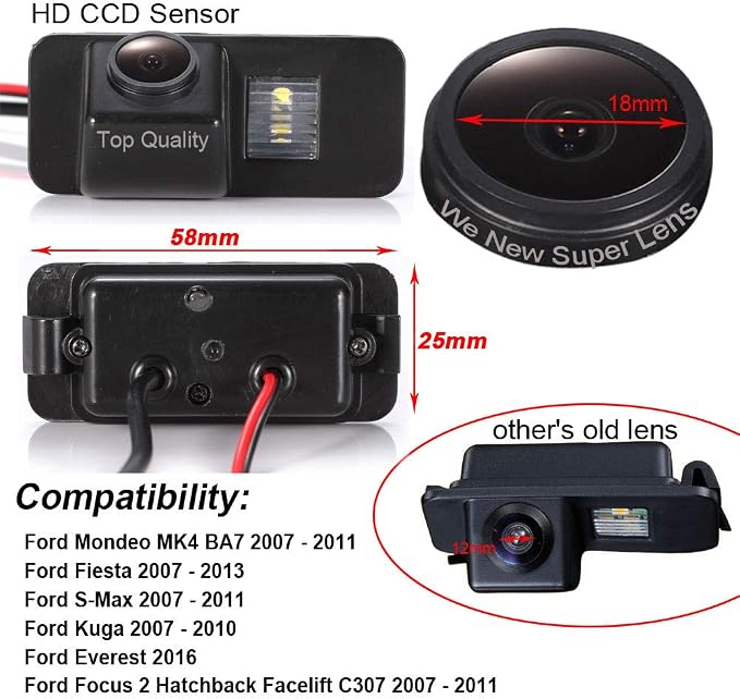 1280p Super Pro Waterproof Backup Camera Color Car Rear View Camera 170 Degree Viewing Angle License Plate with Night Vision for Ford Mondeo BA7 ab 2007/Focus II Facelift C/Kuga ab 2008/S-Max ab 2006