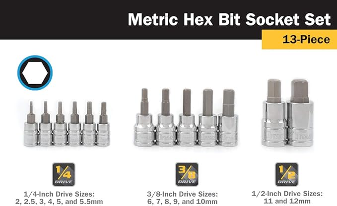 Titan 16124 13-Piece Metric Hex Bit Socket Set, Magnetic Socket Organizer with Laser-Etched Size Markings