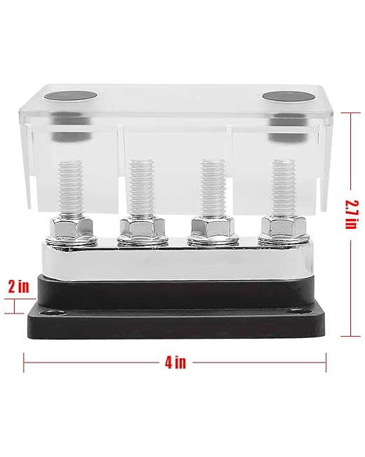 GMURA Heavy Duty Bus Bar 12-48V 600A Max, 4 M10 Studs (3/8") High Current Copper Busbar Terminal Block with Waterproof Cover, Marine Bus Bar Terminal Block Power Distribution Block, Black