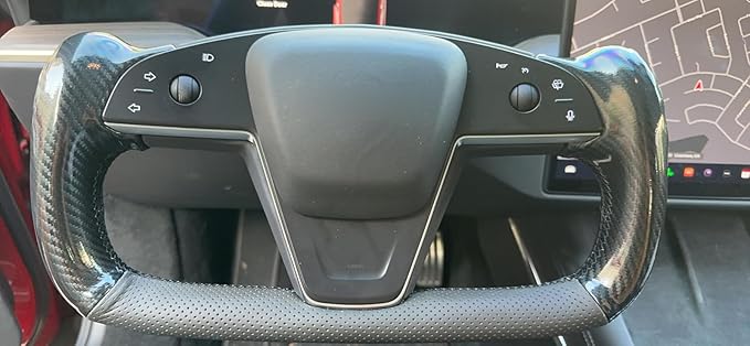 MEWANT Hand Stitch Black Genuine Leather Shiny PU Carbon Fiber Steering Wheel Cover Wrap for Tesla Model S Yoke Model X