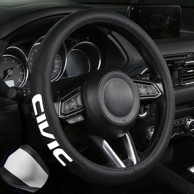 Leather Steering Wheel Cover with a Rubber Inner Ring fit for 14-15 Inch Breathable Lightweight Easy to Install Compatible with Civic(C2)