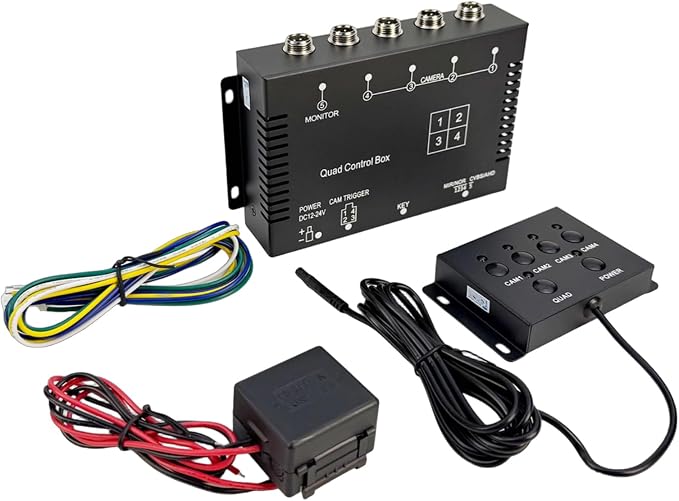 4 Channel Video Splitter Box, AHD 1080P 4 Camera Monitor System for Vehicle, Truck RV Bus Backup Camera Multiplexer with Wide DC 12V 24V Input, Video Switch Combiner for Safety Surveillance