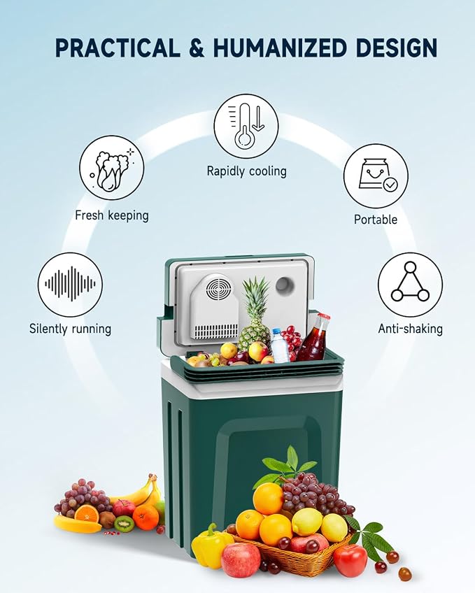SubSun 27 Quart Electric Cooler and Warmer with Handle, Portable Thermoelectric Fridge, Car Fridge Cooler with 12V DC & 110 AC for Camping, Travel & Picnics, Green