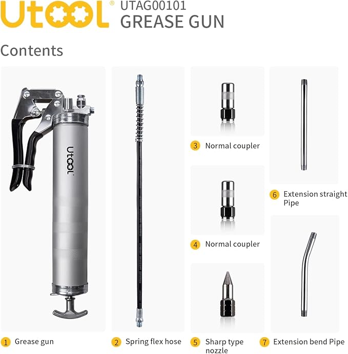 UTOOL Grease Gun | 8000 PSI Heavy Duty Pistol Grip Grease Gun Kit, 14 oz Capacity, 18 Inch Resin Flex Hose, 2 Basic Coupler, 2 Extension Rigid Pipe and 1 Sharp Type Nozzle