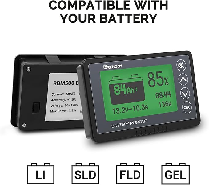 Renogy 500A Battery Monitor with Shunt, High and Low Voltage Programmable Alarm, Range 10V-120V up to 500A, 20ft Shielded Cable, Compatible 12V Lithium Sealed, Gel, Flooded Batteries,Black
