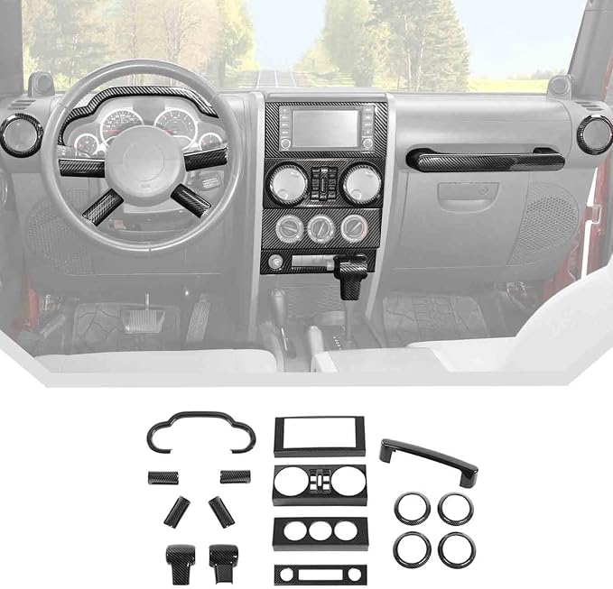 JeCar 16pcs for Jeep Wrangler JK Carbon Fiber Interior Trim Kit Compatible with 2007-2010 Jeep Wrangler JK JKU 4-Door Interior Accessories