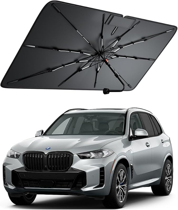 Windshield Sun Shade for BMW X5 2000–2026, Foldable Umbrella Sunshade with 100% UV Block, Multi-Layer Heat Insulation, Reinforced 10-Rib Frame, Keeps Car Cooler, Summer Car Accessory