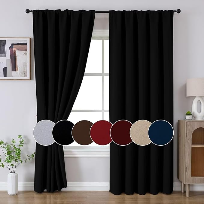 Joydeco 72 Inch Blackout Curtains for Bedroom, Black Out Curtains 72 Inch Long, Room Darkening Curtains & Drapes for Living Room Window Rod Pocket Back Tab (W52 x L72 Inch, Black)