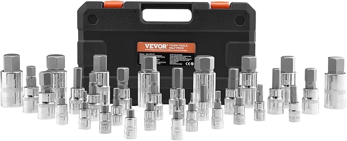 VEVOR Hex Bit Socket Set, 32-Piece, S2 Alloy Steel and Cr-V Steel, Standard SAE and Metric, 1/4 in, 3/8 in, and 1/2 in Drives, with Enhanced Storage Case, Allen Socket Set for Mechanics, Auto Repair
