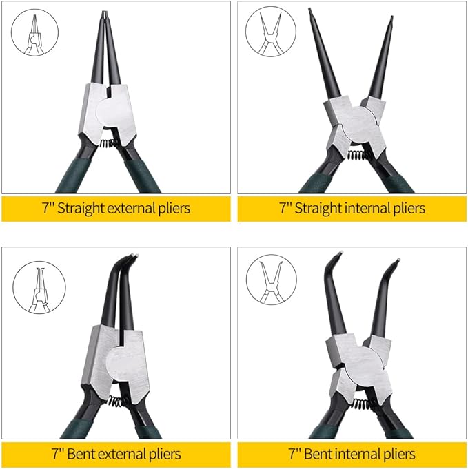 Snap Ring Pliers Set, 2pcs 7" Internal/External Circlip Pliers Kit with Bent Jaw, Heavy Duty Precision Spring Loaded Pliers for Ring Remover Retaining and Remove Hoses, Gaskets