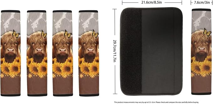 Highland Cow Printed Car Seat Covers with Steering Wheel Cover 4 Pack Seatbelt Pads Sunflower Print Auto Seat Protector Universal Fit Most Vehicles, Auto Accessories, Brown