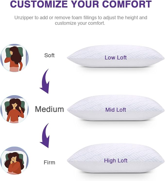 WISHSMILE Cooling Shredded Memory Foam Pillows for Sleeping Cool Cold Pillow Standard Size Set of 2 with Zipper, Adjustable Firmness to Hot, Side, Back and Stomach Sleepers, 2 Pack, 20x26