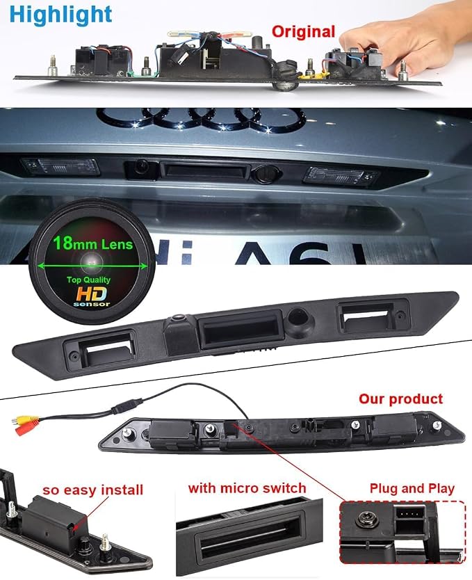 Super HD Car Rear View Trunk Handle Parking Rear View Reverse Backup Camera with Switch, for Audi A4 S4 RS4 8E2 B6 8EC 8ED 8H7 8HE B7 B8 8K2/A4 Avant 8E5 86/A4 Cabrio Convertible 8H 8H7 8HE 8ED B6 B7