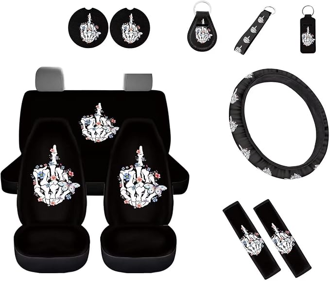 Skeleton Hand Butterfly Middle Finger Print 12 Pieces Skull Car Accessories Interior Seat Covers Full Set with Steering Wheel Covers+Seat Belt Pad+Keychain+Cup Coasters+Lipstick Holder