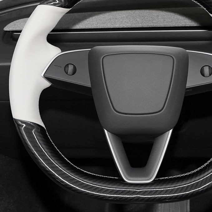 MEWANT Stitching White Faux Leather PU Carbon Fiber Steering Wheel Cover for Tesla Model 3 Highland 2025 Model Y Juniper