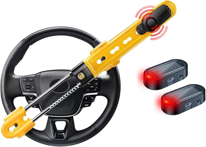 ELECTOP Car Anti-Theft Security Bundle (Steering Wheel Lock + Solar Alarm Light), 113dB Siren & LED Deterrent for Truck/SUV/Van
