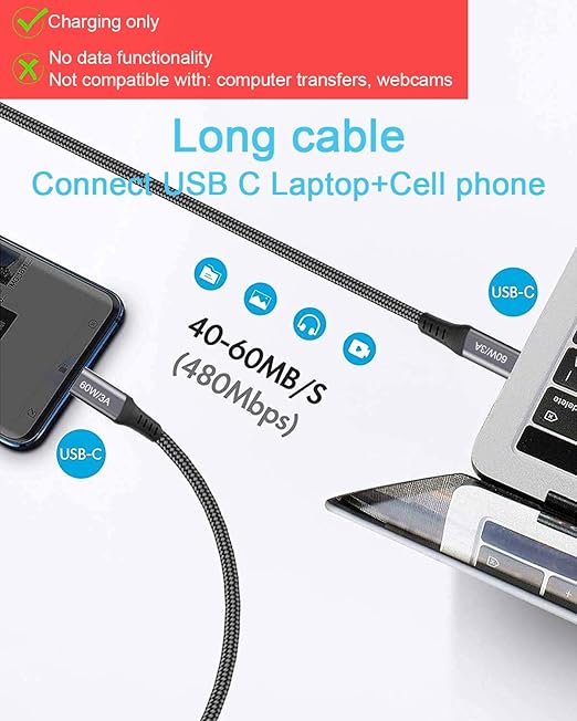 30FT USB-C to USB-C Cable 60W(no data), Extra Long USB Type-C to Type-C Cable 2.0, USB C Charger Cable for iPhone 15,MacBook Pro 2020,iPad Air 5th,Galaxy S24 S23 S22,Note 20,Pixel 7,Switch,Moto,Grey