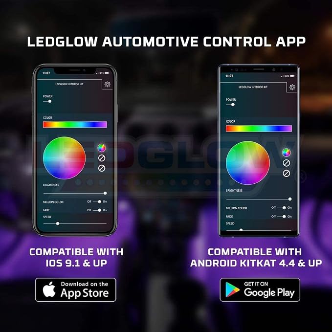LEDGlow 4pc Bluetooth Multi-Color LED Interior Footwell Underdash Neon Lighting Kit for Cars & Trucks - Smartphone App - Create Any Color - Courtesy Lights - Music Mode - Control Box - Universal