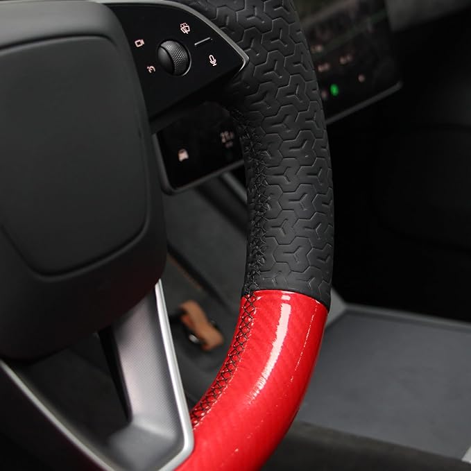 MEWANT DIY Embossed Faux Leather PU Carbon Fiber Steering Wheel Cover for Tesla Model Y Juniper Model3 Highland 2025