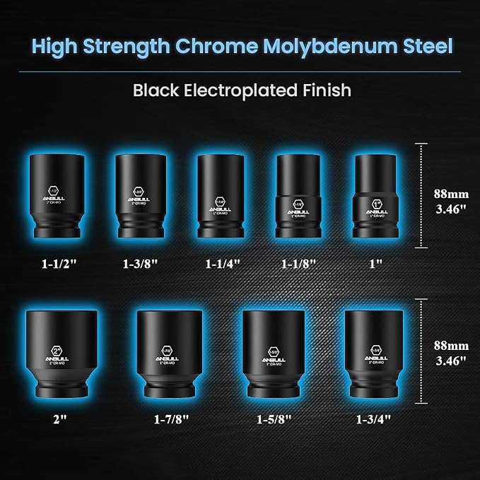 Anbull 1 Inch Drive Deep Impact Socket Set, 9 Pieces Jumbo Impact Socket Sets, 6-Point, SAE Sizes (1'', 1-1/8'', 1-1/14'', 1-3/8'', 1-1/2'', 1-5/8'', 1-3/4'', 1-7/8'', 2''), CR-Mo Steel (1 Inch-SAE)