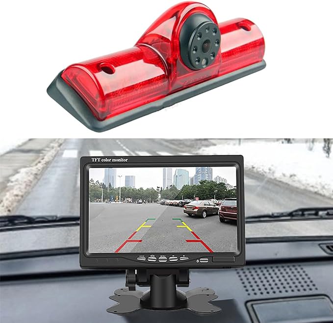 HD Brake Light Roof Rear View Reversing Backup Camera Parking Aids System with Angle Adjustable Compatible with Nissan NV1500/2500/3500 S SV SL Cargo Vans Transporter (Camera+7''Monitor)
