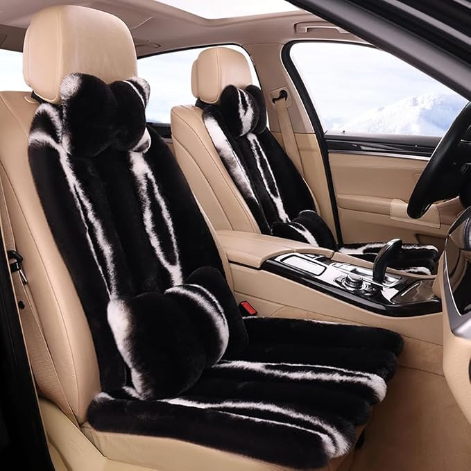 Faux Sheepskin Car Seat Cover Full Set, Fluffy Cute Black Fuzzy Car Seat Cover for Soft Auto Universal Plush Vehicle Seat Protector Pad Accessories Home and Office Chair