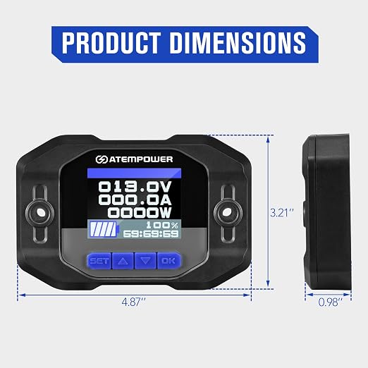 ATEM POWER 12V 500A Battery Monitor with Shunt Wire 12V Battery High Low Voltage RV Batteries Monitor Real-time Monitoring Voltage Current Watt Compatible with Lithium, Lead-Acid, AGM, Gel