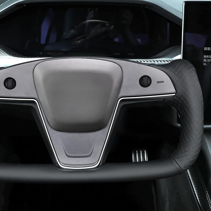 MEWANT Hand Stitch Black Solid Woven Embossed Faux Leather Steering Wheel Cover for Tesla Yoke Model S 2021-2023 Model X