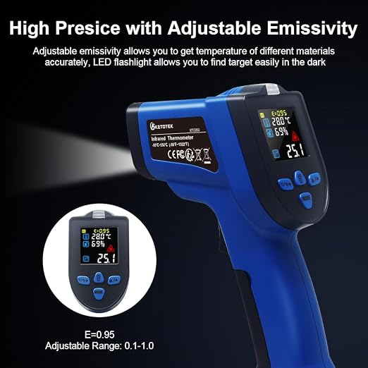 Ketotek Infrared Thermometer, Laser Temperature Gun Non Contact -58 to 1022°F with K Type Thermocouple Probe Humidity NCV Detector, Color LCD for Cooking Pizza Oven BBQ Freezer Industrial