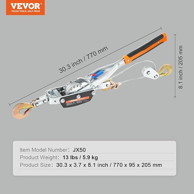 VEVOR Come Along Winch, 5 Ton (11,023 lbs) Pulling Capacity, 11.5 ft Steel Cable, 3 Hooks, Heavy Duty Ratchet Power Puller Tool with Dual Gears, Automotive Hoist Cable Puller Ideal for Vehicle Rescue