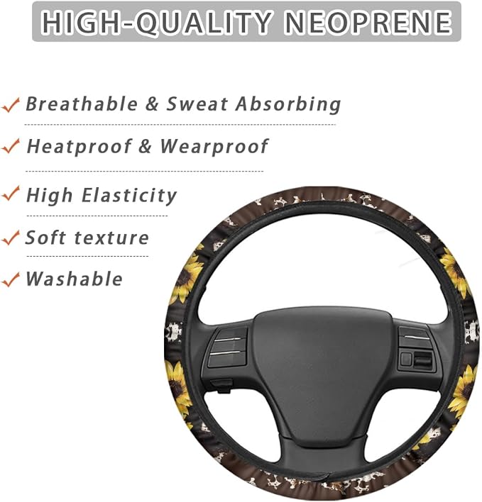 Wanyint Sunflower Cow Print Car Seat Cover Full Set with Front Back Seats Steering Wheel Covers Armrest Pad Handbrake Cover Gear Shift Cover Auto Seat Belt Pads,Cup Holder Coaster