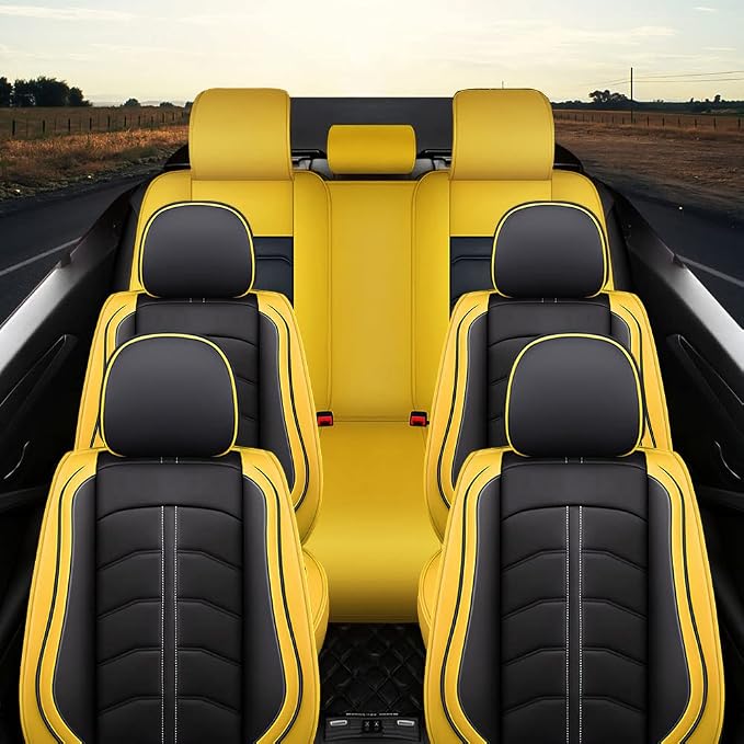 Car Seat Cover 7 Seats for Toyota Highlander 2001-2026, Durable Wear Resistant Waterproof Seat Cover, Breathable No Odor Premium Leather Vehicle Interior Accessories.(7 Standard,Black Yellow)