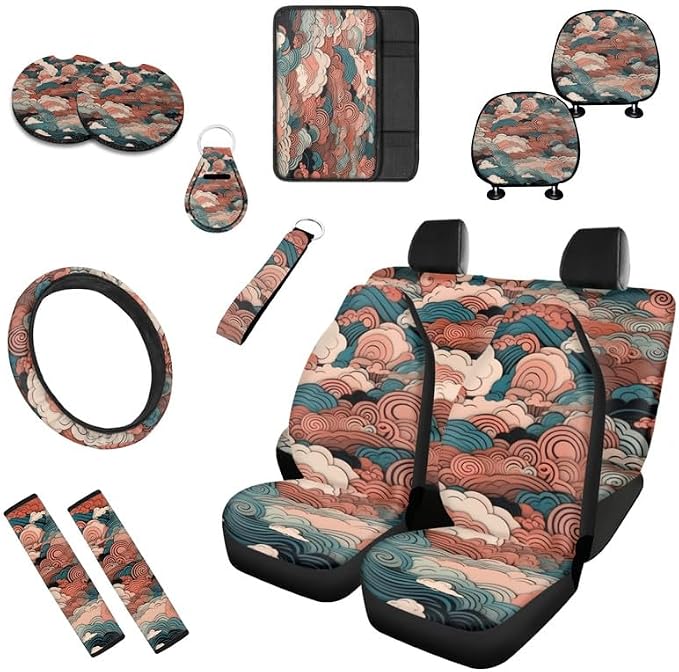 Chinese Cloud Pattern 13 Pcs Seat Covers Full Set Retro Clouds Sea Wave Print Non Slip and Soft Headrest Cover Car Cup Pad Fit for Car, Truck, Van, SUV