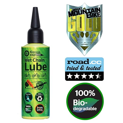 GREEN OIL Cycle Chain Lube, 100 ml, Suited for All Bikes, Wet & Dry Conditions, Biodegradable, Natural, Eco Friendly, Skin Safe, Free of PTFE PFOA Palm Oil Petroleum, Award-Winning Lube, Made in UK