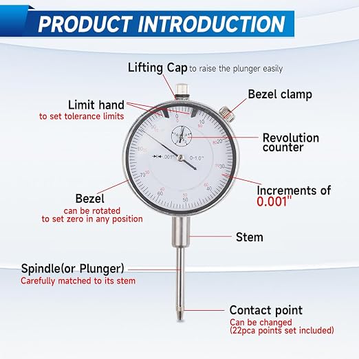 0-1" Magnetic Base Dial Indicator Kit, 0.001" Resolution Precision Machinist Tools with 22 Test Tips & Adjustable Long Arm, Flat/Lug Back for Lathe/Mill/Vibration Measurement