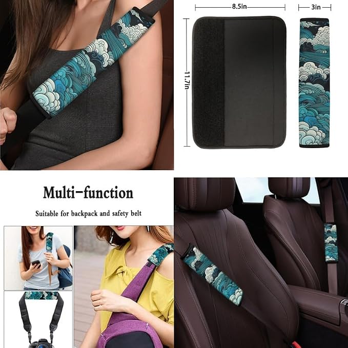 Chinese Cloud Pattern Print 13 Piece Car Seat Cover Set for Women Full Set Retro Sea Wave Car Seat Protectors Coaster Pads Decor Accessory, Turquoise