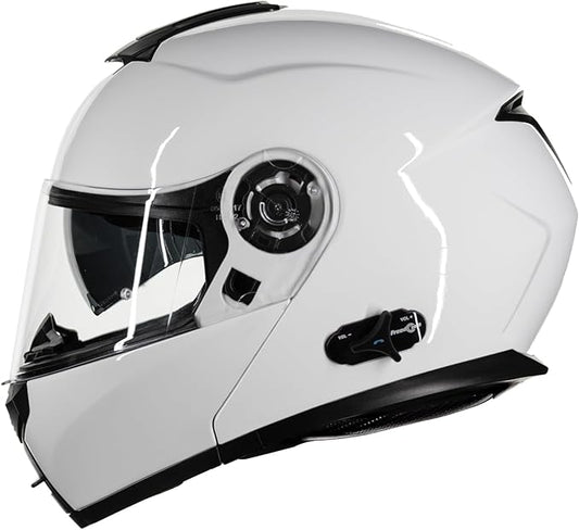 ILM Bluetooth Motorcycle Modular Helmet 2-3 Riders Intercom Flip up Full Face Helmet with Dual Visor DOT Model 159BT (White, S)