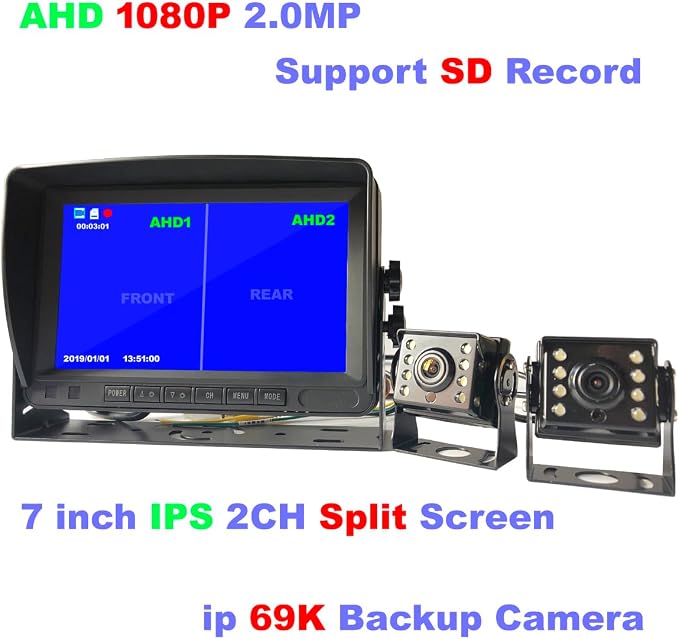 AHD 1080P Backup Camera 7" DVR Monitor System,2 x 4 Pin Reverse Rear View Mirror Camera 8 IR Night Vision + 7 inch 2CH Split IPS Screen 12V-24V for RV Bus Camper Trailer Semi Truck