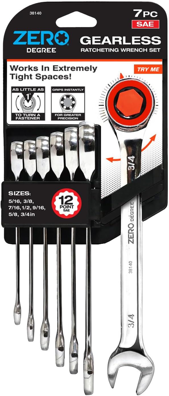 Zero Degree 38140 Ultra-Precise 7-Piece Gearless Ratchet Wrench Set – Nickel Plated High-Carbon Steel with ASME Certified Torque – Durable & Rust-Resistant – Perfect for Tight Spaces, SAE