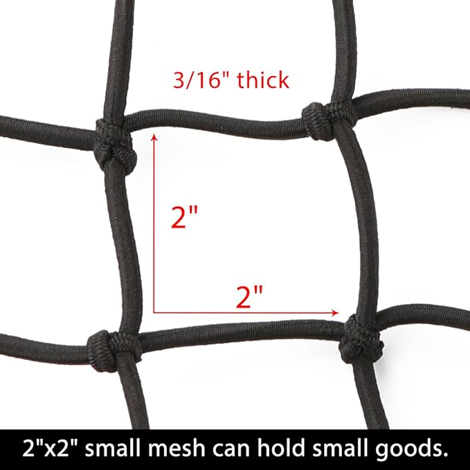 CZC AUTO 22"x38" Black Latex Bungee Cargo Net Strech to 44"x76", Luggage Netting with 2"X2" Small Mesh and 12 Adjustable Plastic Hooks for Rooftop Cargo Carrier Roof Rail Rack Hitch Basket SUV, 2 Pack