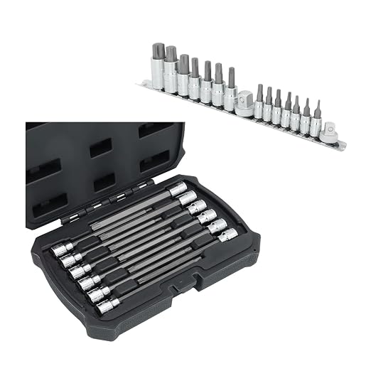 MichaelPro 12-Piece 3/8" Drive Long Torx Socket Set T10-T60 Bundle with 16-Piece Torx Bit Set T8-T10 with Rail Organizer