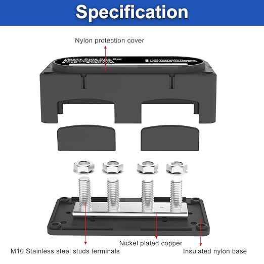 Heavy Duty Bus Bar 300A 12V Power Distribution Block with 3/8" (M10) 4-Posts Terminals Block with Cover for Automotive, Marine, Battery System (Black)